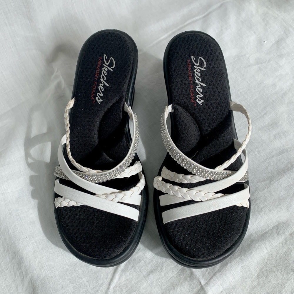 Skechers Women's Black Footbed Sandals with White Strappy Accents